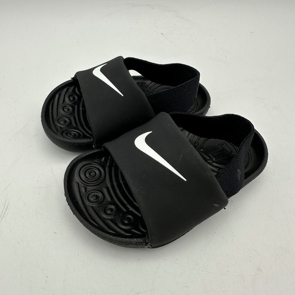 Nike Kawa Slide‎ Toddler 4C Black White Swoosh Elastic Heel Strap BV1094-001
